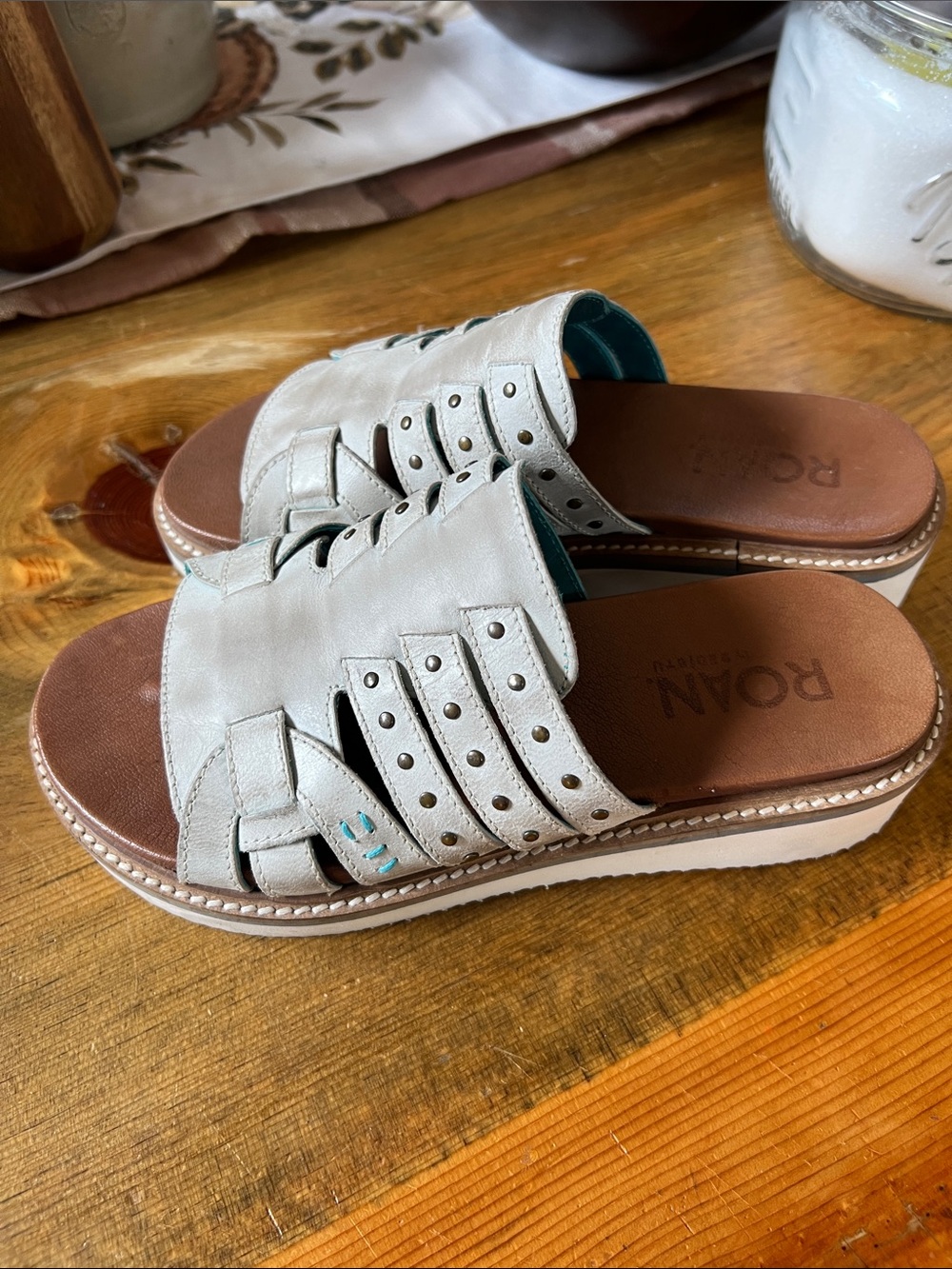 Roan by BED|STU Cream Leather Slide Mules with Studded Straps Size 6